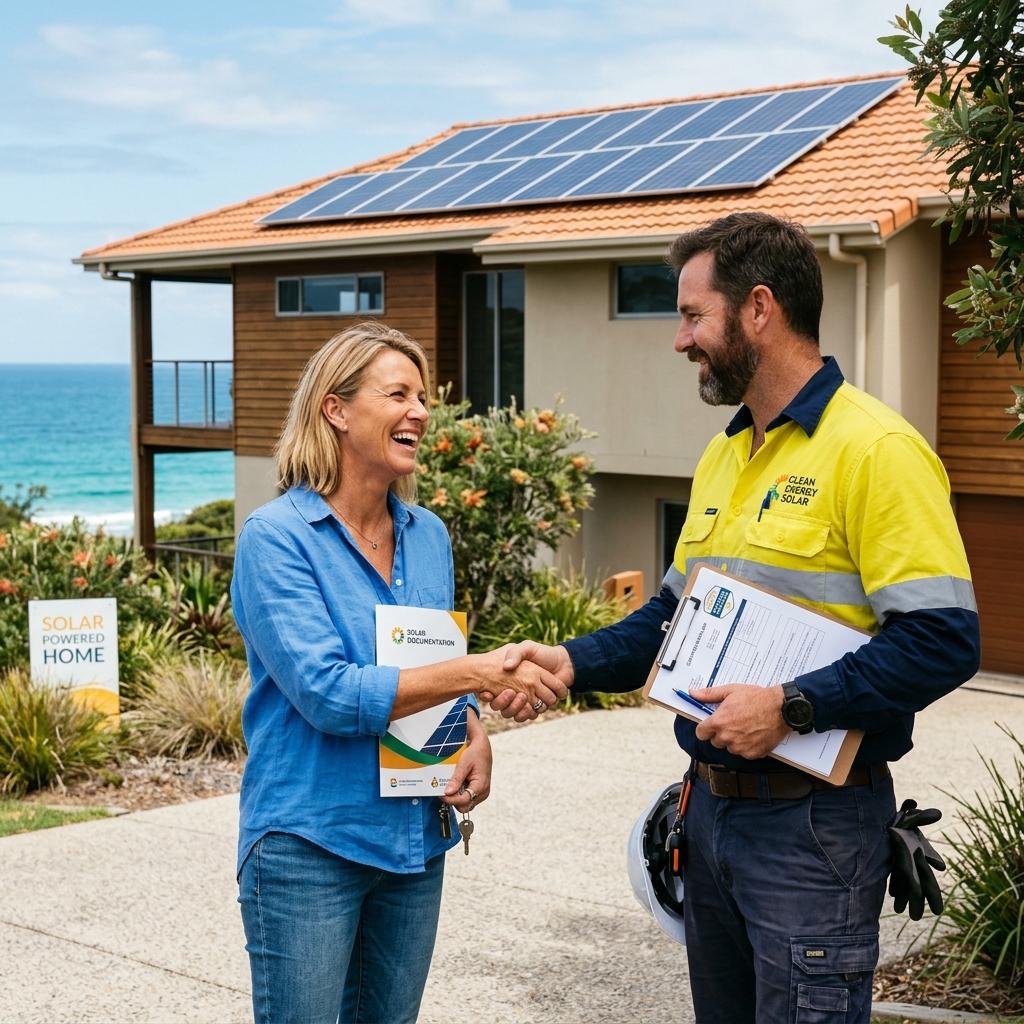 Two solar professionals shaking hands with a happy homeowner outside a house