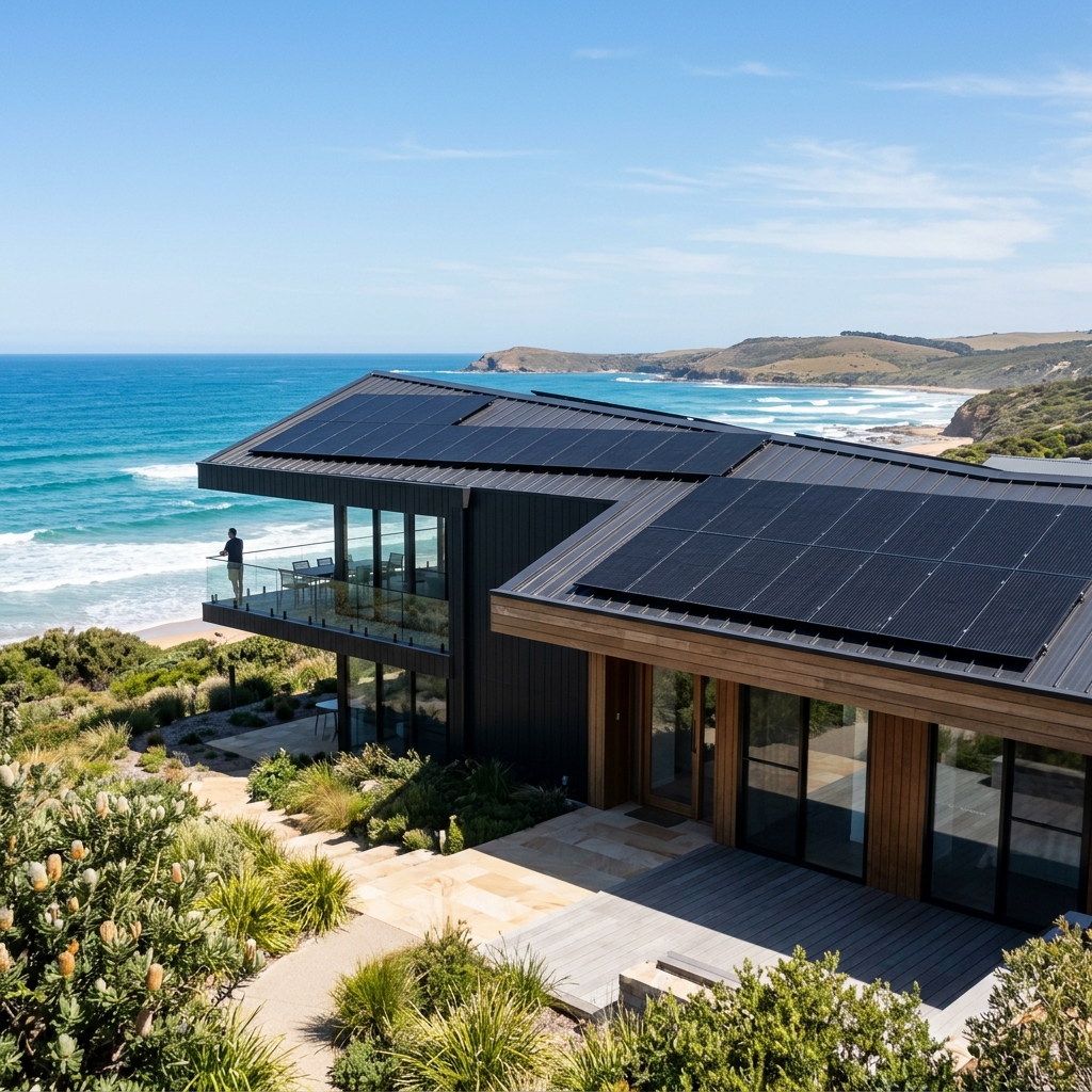 Modern Mid Coast home with rooftop solar panels under a clear blue sky