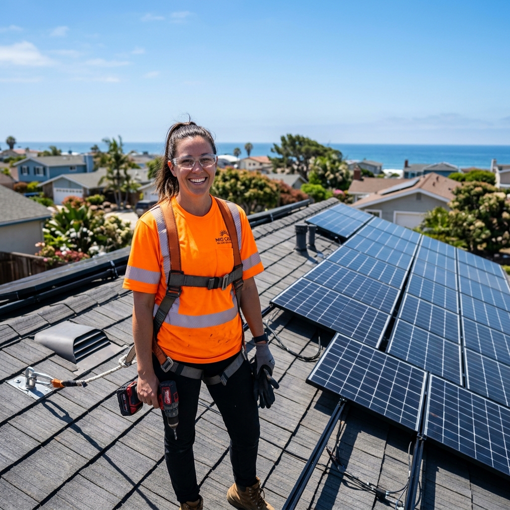 Solar installer fitting panels to a rooftop rail system