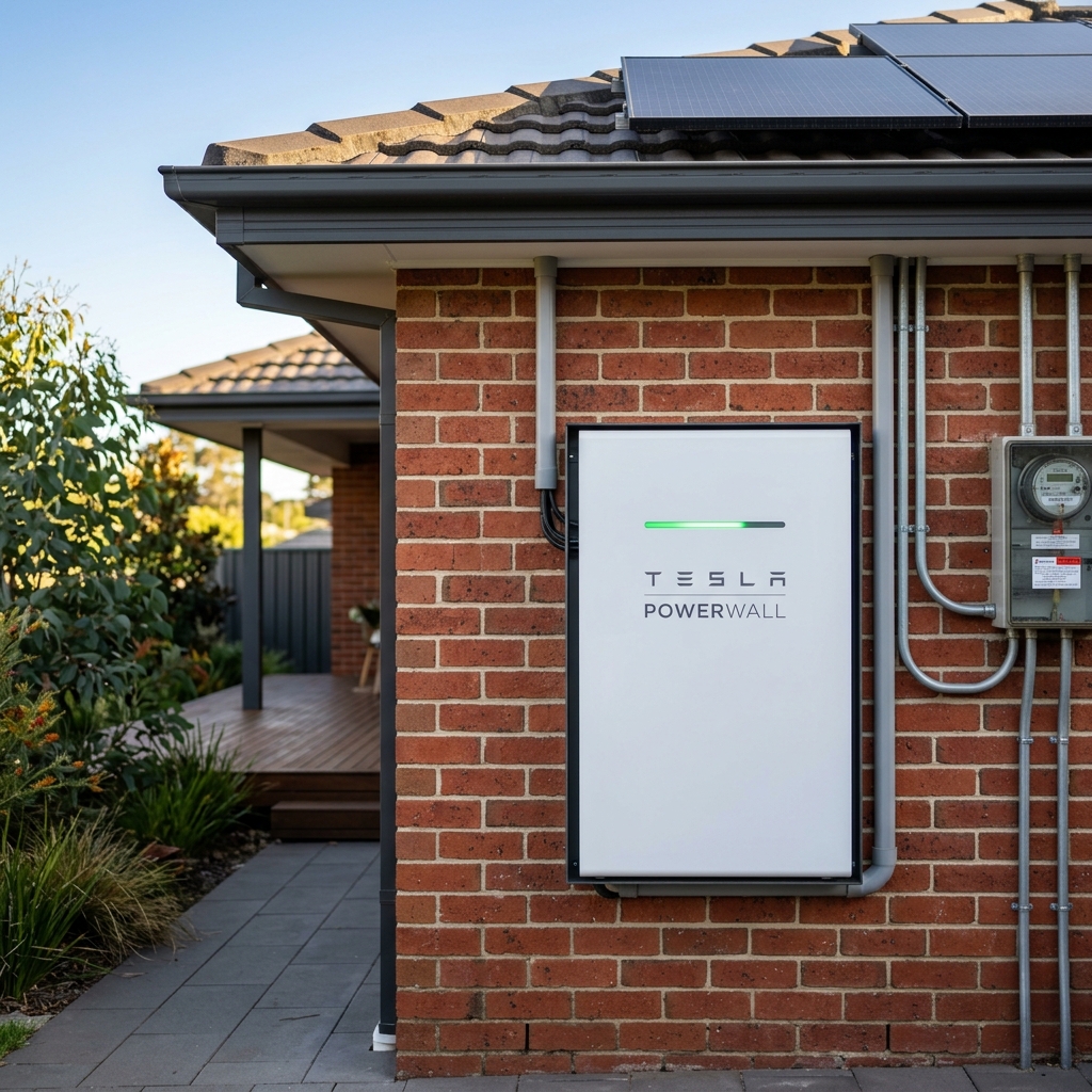 Wall-mounted home solar battery storage unit in a garage