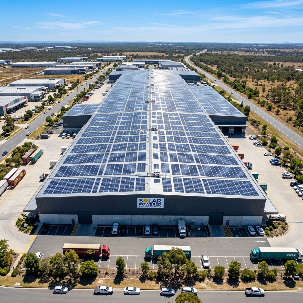 Large commercial solar panel array on a warehouse roof