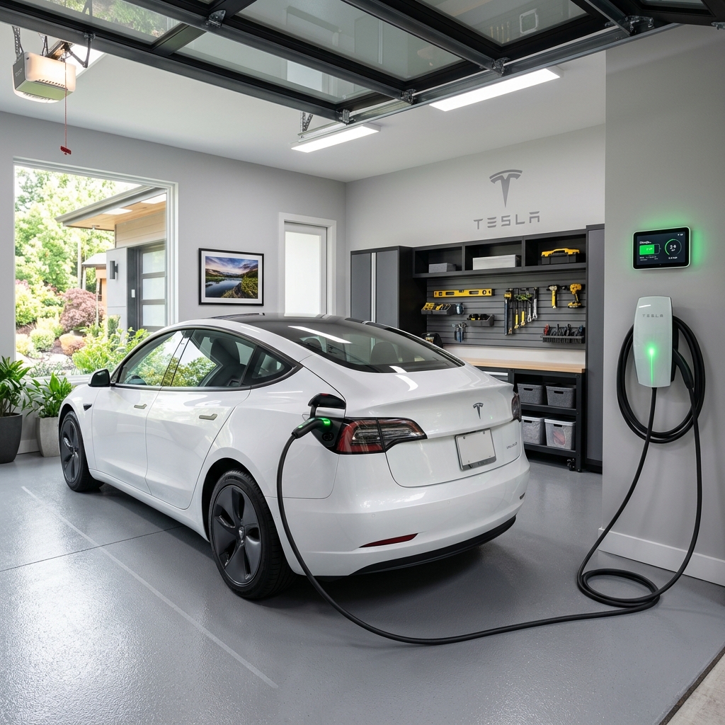 Electric vehicle plugged into a home wall-mounted EV charger