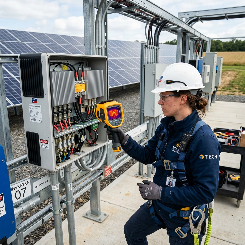 Solar technician inspecting an inverter during a maintenance visit